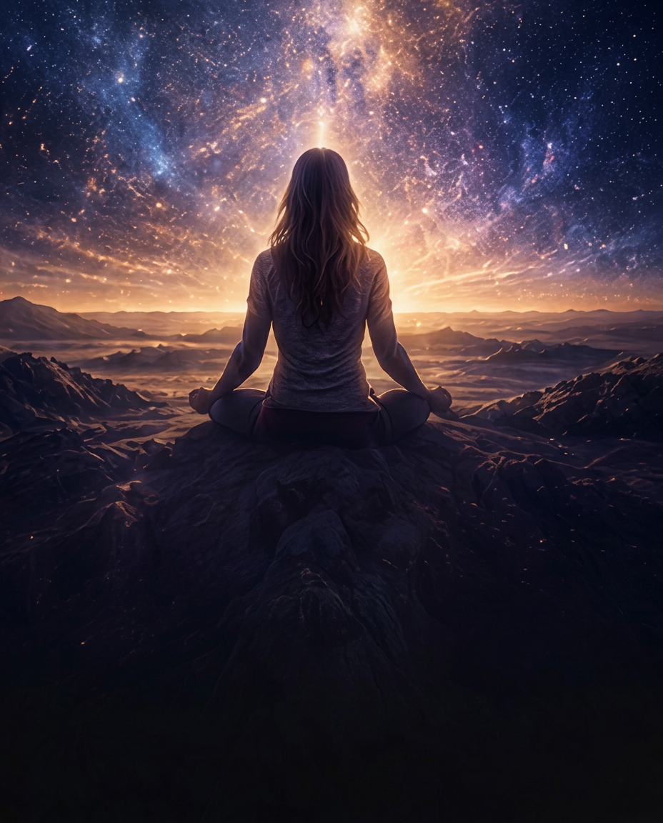 Meditating figure beneath a luminous galaxy
