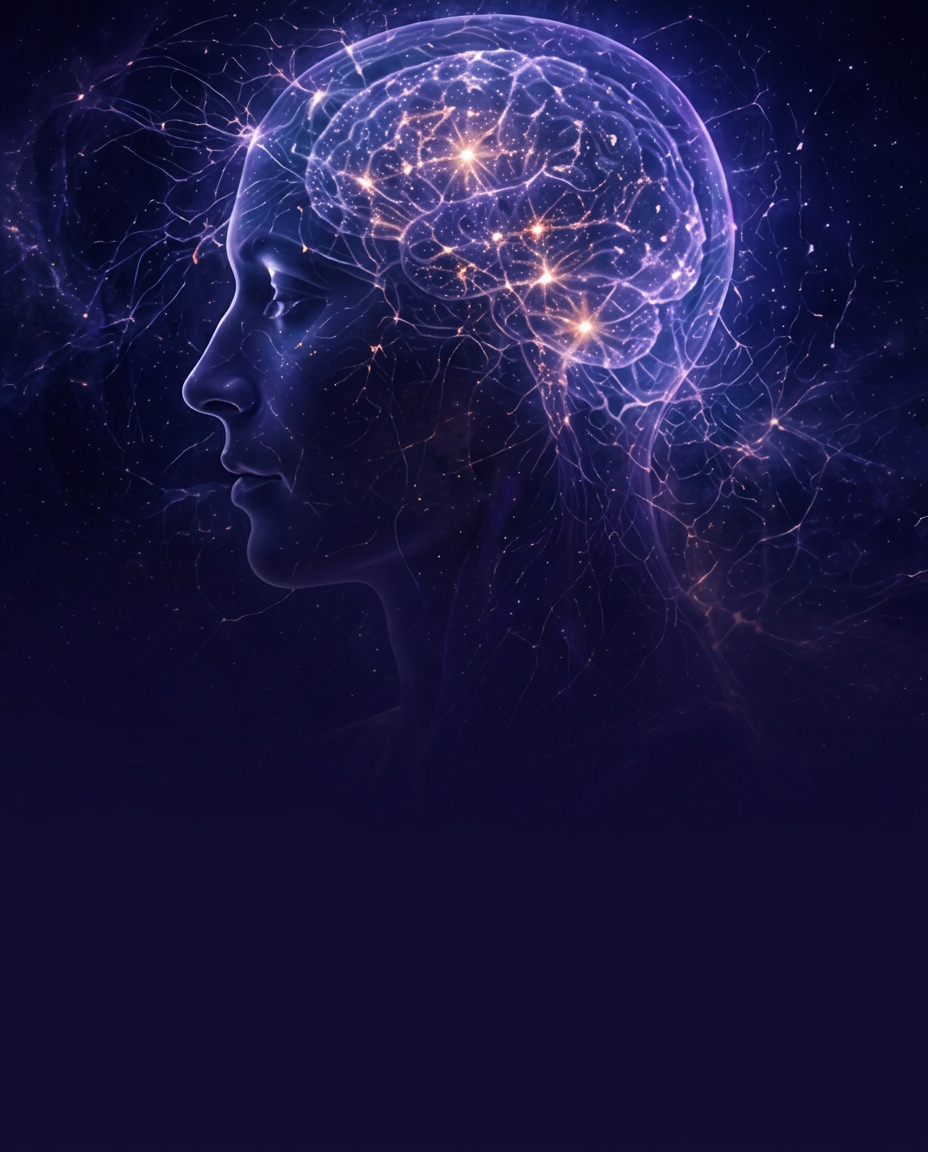Profile of a head with a glowing cosmic brain of stars
